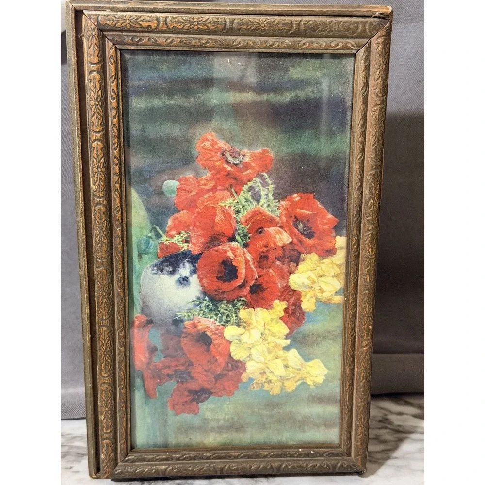 Really Old Wooden Jewelry Box With Mirror Floral Glass Top (A3195)